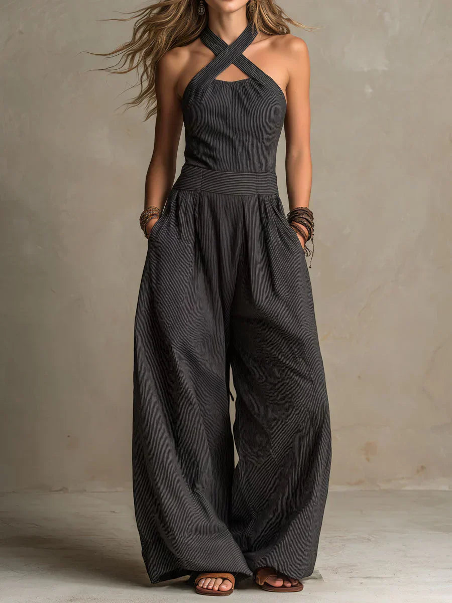 Bianca | Elegantiškas jumpsuit iš lino ir medvilnės su kryžminiu iškirpimu