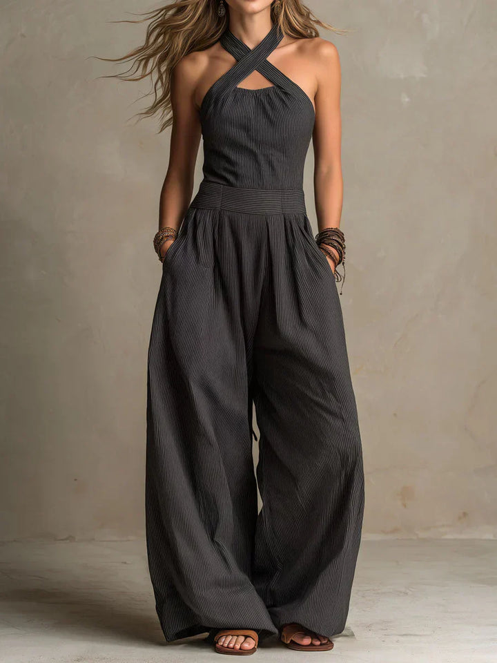 Bianca | Elegantiškas jumpsuit iš lino ir medvilnės su kryžminiu iškirpimu