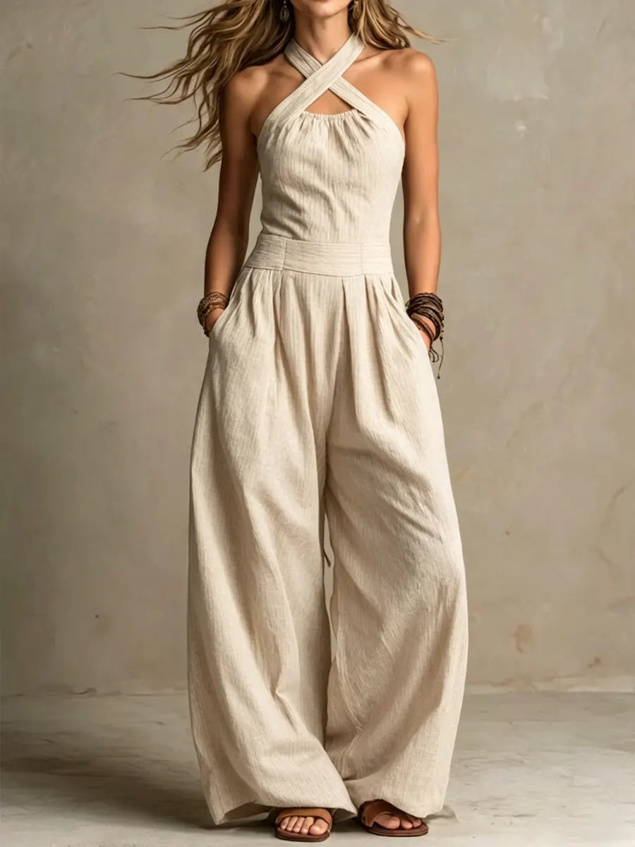 Bianca | Elegantiškas jumpsuit iš lino ir medvilnės su kryžminiu iškirpimu