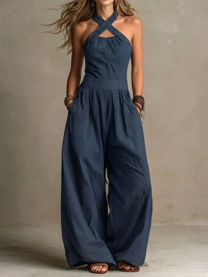 Bianca | Elegantiškas jumpsuit iš lino ir medvilnės su kryžminiu iškirpimu